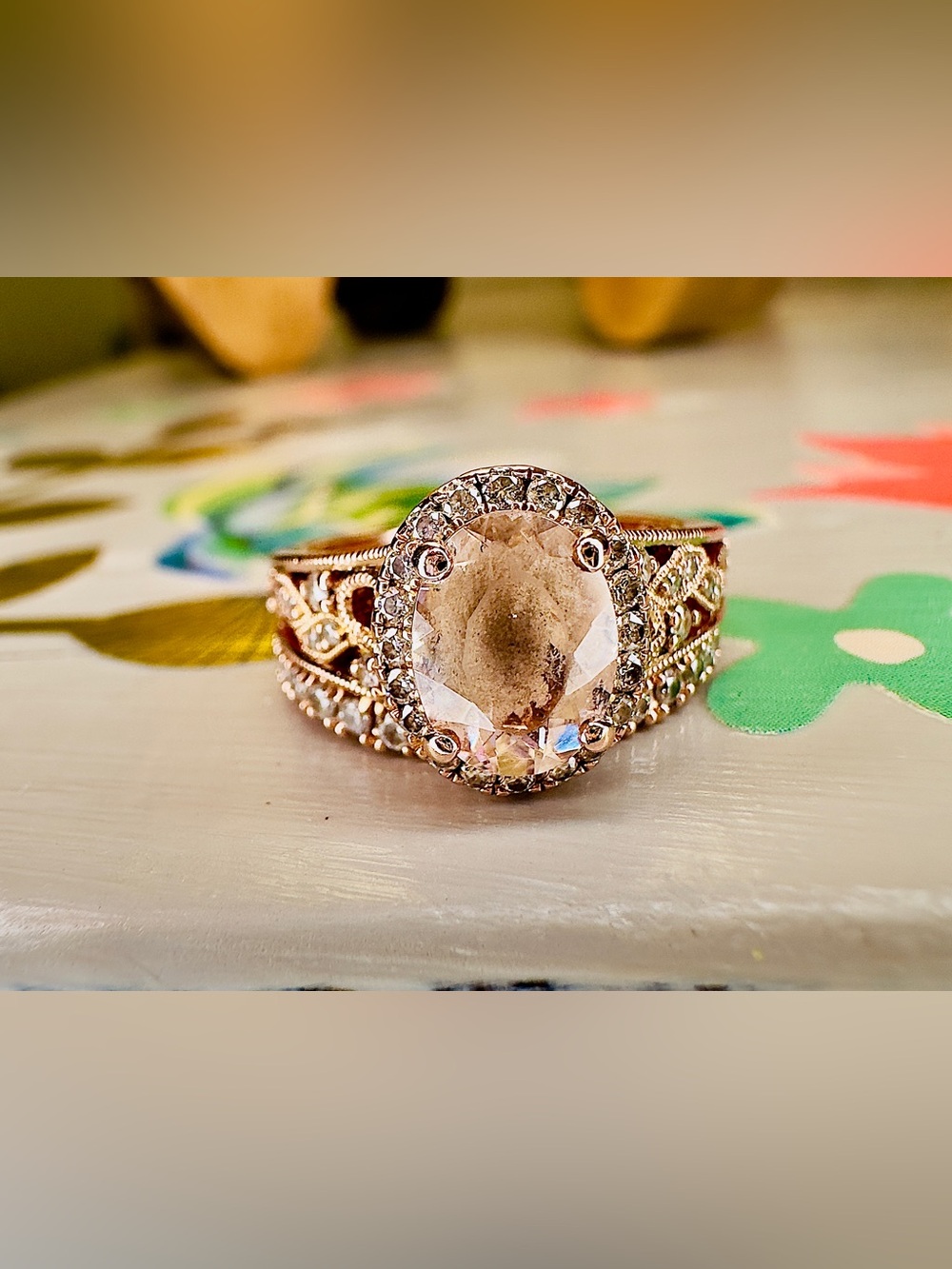 Neil Lane 14k Rose Gold, Morganite & Diamond Halo Bridal Set Milgrain Filigree